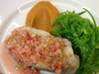 Blue eye cod with apple and radish relish