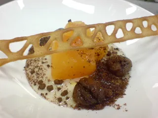 Caramelised quince with chocolate soil