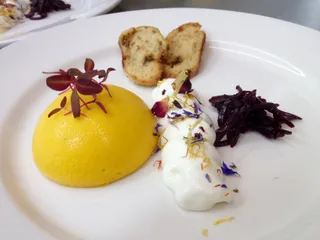 Carrot and saffron mousse with goat cheese foam