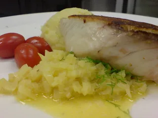 Kingfish with bread crust and fennel risotto