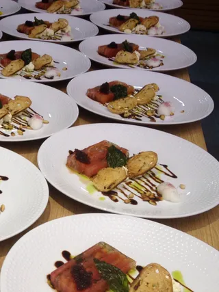Tomato terrine with balzamic pearls